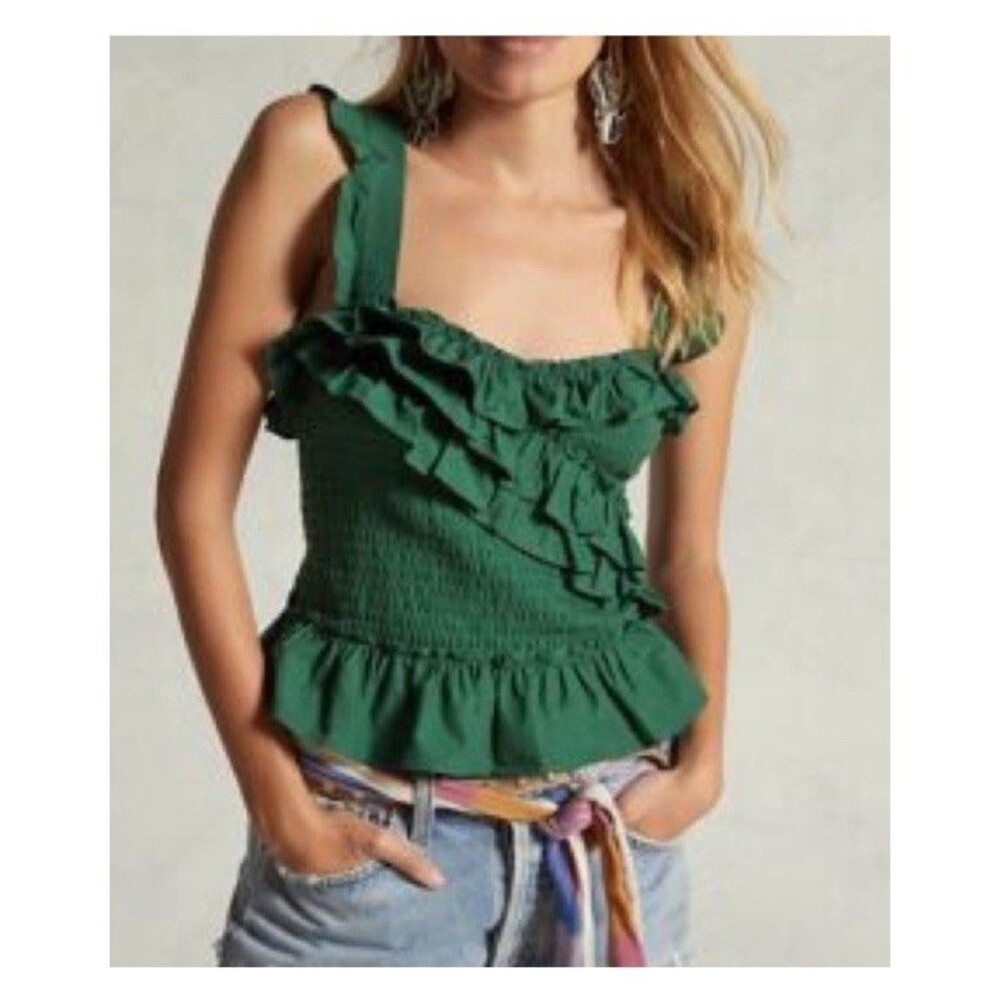 Anthropologie Green Smocked Ruffle CamisolTank Top Square Neck Sleeveless SizeL